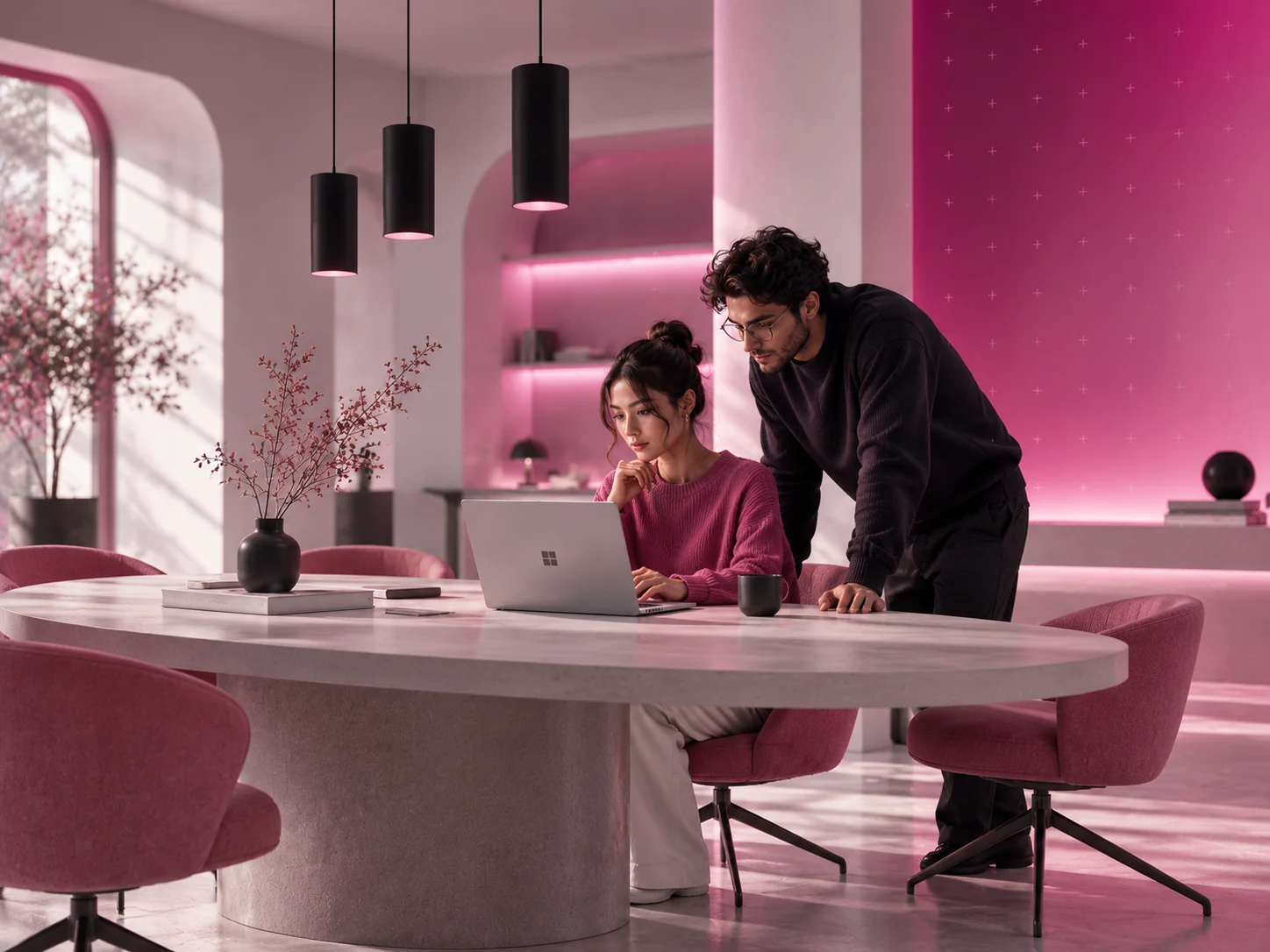 Dos personas revisan un portátil en una oficina iluminada en tonos rosa