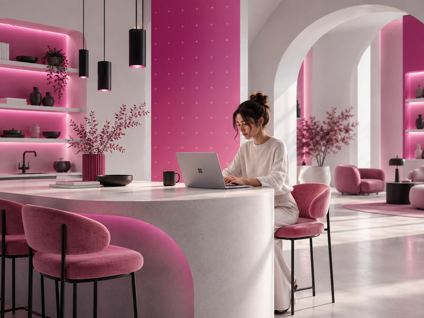 Persona trabajando con un portátil en una oficina iluminada en tonos rosa
